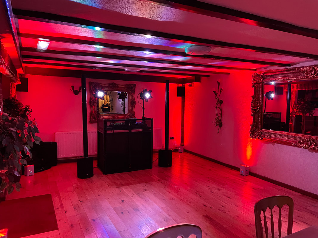 A picture of a disco set up at a hotel